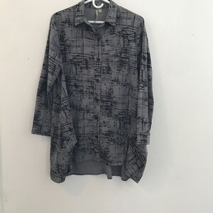 Comfy USA Button Down Shirt/tunic M grey/black Hi/low Lagenlook Art To Wear